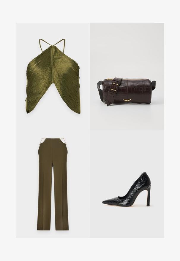 Olíva zöld felső, redőzött textúrával, vékony pántokkal és egyedi háromszög alakú kivágással. A hátulnézeti kép kiemeli a részletes szövetmintát.; Olíva zöld, széles lábú nadrág sima anyagból, aranylánc díszítéssel a derékrészen. Egyenes szabású, letisztult kivitelű.; Fekete hegyes orrú magassarkú cipő krokodilbőr textúrával, letisztult dizájnnal, magas tűsarkú és sima fekete belső résszel.; Barna krokodilbőr hatású bőr táska henger alakú, arany tónusú fémveretekkel és lecsatolható, szegecsekkel díszített pánttal.