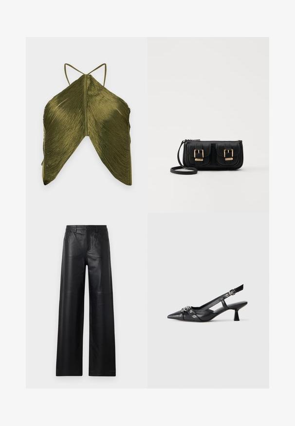 Top verde oliva con texture a plissettatura, dotato di spalline sottili e di una forma triangolare unica. La vista posteriore mette in evidenza il dettaglio intricato del tessuto.; Pantaloni in pelle nera a gamba larga con una texture liscia, dotati di tasche frontali, chiusura a bottone e dettagli di cucitura sottili.; Scarpa slingback nera in pelle con punta affusolata, cinturini decorativi con occhielli metallici e tacco basso a blocco. Superficie testurizzata.; Borsa a tracolla nera in pelle con due tasche frontali, fibbie dorate, chiusura con zip e una tracolla sottile. Superficie texturizzata e forma rettangolare compatta.