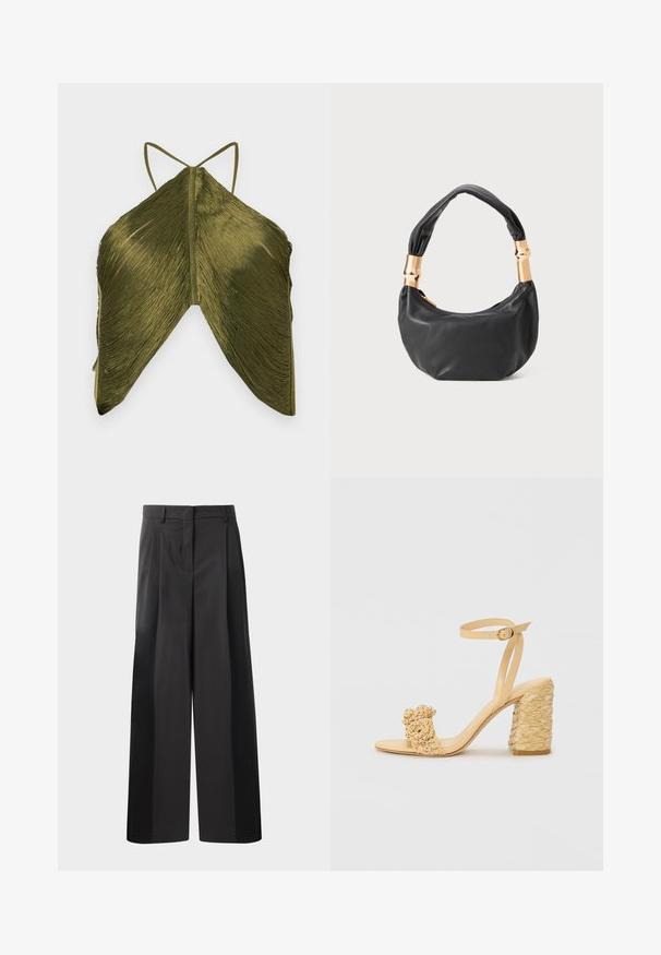 Olíva zöld felső, redőzött textúrával, vékony pántokkal és egyedi háromszög alakú kivágással. A hátulnézeti kép kiemeli a részletes szövetmintát.; Fekete, bő szárú nadrág magas derékkal, elöl plissékkel, sima felülettel és igényes kidolgozással. Kényelmes viseletre tervezve.; Bézs színű magassarkú szandál fonott textúrával, díszítő virággal és bokapánttal. A négyzet alakú sarok stabilitást biztosít.; Fekete bőr kézitáska kerek formával, puha textúrával és csomózott fogantyúval, aranyszínű fém díszítéssel. Cipzáras záródás.