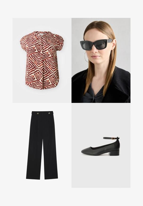 Kremkrāsas īsais piedurkņu blūze, dekorēta ar drosmīgiem sarkaniem un brūniem ģeometriskiem zigzaga rakstiem. Tam ir band kakla un pogājamais priekšpuses dizains.; Melnas platās bikses ar augstu jostasvietu, pogu detaļām uz jostas un priekšējām krokām.; Melnas ādas sūkņi ar smailu purngalu un zemu bloku papēdi. Iezīmēts ar potītes siksniņu ar zelta krāsas sprādzi. Gluda tekstūra.; Melna kaķa acs saulesbrilles ar tumšiem objektīviem, bieziem rāmjiem un smalkiem akcentiem. Valkātas ar melnu mēteļi un pelēku augšu, ar garām taisnām matiem.