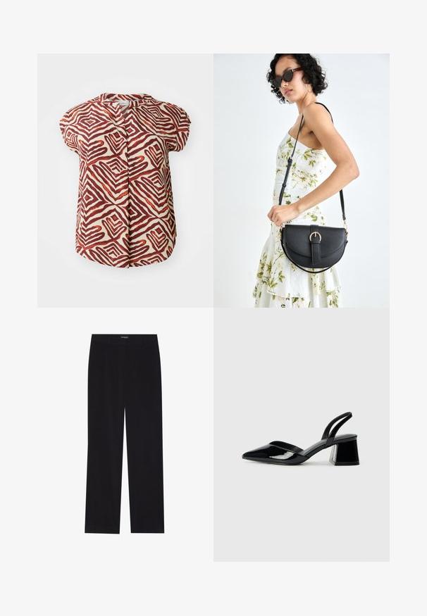 Kreminės spalvos trumpomis rankovėmis palaidinė, puošta drąsiais raudonais ir rudo geometriniais zigzagų raštais. Su juostele aplink kaklą ir mygtukų užsegimu.; Juodi švelnūs štrichiniai džinsai su tiesiu kirpimu, plokščiu liemeniu ir be matomų kišenių, su glotnia tekstūra ir vertikaliu briaunavimu.; Juodos lakuotos odinės šlepetės su smailiu pirštu ir geometriniu bloko kulnu. Turi elegantišką, minimalistinį dizainą ir lygų paviršių.; Juodas odinis krepšys su išlenkta forma, nuimamu dirželiu ir auksiniais detalėmis. Krepšys turi kilpą su sagtimi.