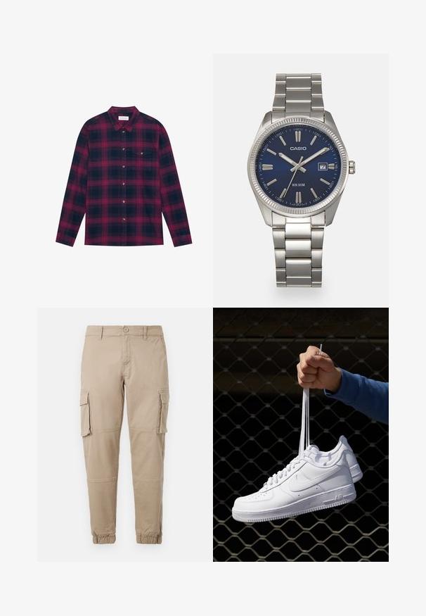 Langærmet ternet skjorte i mørkeblå og burgunder med knap-ned krave, brystlomme og guldfarvede knapper. Blød stoftekstur.; Beige cargo bukser i et letvægts bomuldsstof. Har elastiske manchetter, flere sidelommer og en knaplukning.; Hvide lædersneakers med perforeringer, rund tå, flad sål og tykke snørebånd, med et synligt swoosh-logo og "AIR" på hælen.; Sølv rustfrit stål urrem med en marineblå urskive, metallic timemarkører og et datovindue kl. 3. Vandafvisende op til 50 meter.