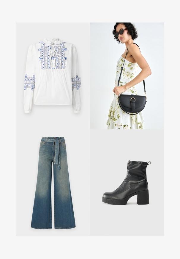 Weißes Blusenshirt mit blauer und schwarzer Stickerei entlang der Schulterpartie und Ärmeln. Mit einer Schleifenkragen und einem gerafften Oberteil. Lange, elastische Ärmel.; Weit geschnittene Denim-Hosen mit einem Farbverlauf von hellblau zu dunkelblau, hoher Taille, Gürtelschlaufen und einem passenden Stoffgürtel. Strukturierte Denim-Oberfläche.; Schwarze Stiefeletten aus glattem Leder mit seitlichem Reißverschluss, klobigem strukturiertem Absatz und runder Zehenform.; Schwarze Lederhandtasche mit geschwungener Form, abnehmbarem Tragegurt und goldenen Beschlägen. Die Tasche verfügt über einen Deckel mit einer Schnallen-Details.