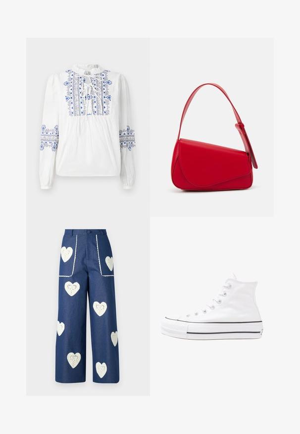 White blouse with blue and black embroidery along yoke and sleeves. Features a tie neckline and gathered bodice. Long, elasticated sleeves.; Sister Jane HEART TO HEART - Straight leg jeans - blue denim; White high-top canvas sneaker with black rubber sole, front rubber toe cap, and six eyelets for laces, featuring a clean, minimalist design.; Red leather handbag with an angular, geometric design. Features a single adjustable strap and a flap closure with stitched detailing.