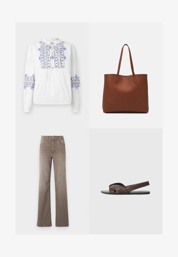 Balta bluzė su mėlyna ir juoda siuvinėjimu aplink kaklą ir rankoves. Turi kaklo raištį ir susiraukšlėjusį liemenį. Ilgos, elastingos rankovės.; Rudos aukšto liemens tiesios kojos džinsai su priekyje esančiu mygtuku, dirželio kilpomis ir klasikiniu penkių kišenių dizainu baltoje fone.; Rudos odinės šlepetės su kryžminiu dirželio dizainu, plokščiu juodu padu ir reguliuojamu užpakaliniu dirželiu. Lygi tekstūra ir minimalūs metaliniai akcentai.; Ruda odinė priekabų krepšys su glotnia tekstūra, atviru viršumi ir dviem petnešomis. Su minimalia siuvimo detalėmis ir nematoma aparatūra.