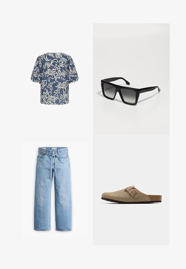 Krótki rękaw niebieska bluzka z białym kwiatowym wzorem, okrągły dekolt i marszczone ramiona. Miękka tkanina o nieco luźnym kroju.; Długą koszulka z bawełny z czarno-białymi poziomymi paskami, okrągłym dekoltem i miękką teksturą. Brak widocznych elementów metalowych lub akcentów.; Jasnoniebieskie dżinsy w szerokim kroju z wysokim stanem, z zapięciem na guziki i zamek oraz sznurkiem w talii. Zakończenie w surowym wykończeniu.; Beżowe klapki z zaokrąglonym noskiem, regulowanym zapięciem i korkową wkładką. Teksturowana powierzchnia z czarną gumową podeszwą dla lepszej przyczepności.; Czarne, oversized kwadratowe okulary przeciwsłoneczne z gradientowymi soczewkami, grubymi oprawkami i złotym logo na zauszniku. Gładki materiał plastikowy.