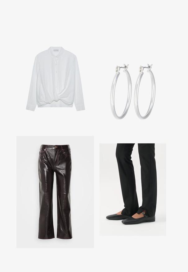 White long-sleeve shirt with a collar, button front, and twisted knot detail at the hem. Smooth fabric with a relaxed fit.; Shiny dark burgundy wide-leg jeans with a glossy finish, contrasting pink stitching, front pockets, and a button closure at the waist.; Black leather ballet flats with a pointed toe, strap with silver buckle, paired with black tailored pants featuring a slit hem.; Silver hoop earrings with a smooth, polished finish. Round shape and secure click-top closure. Lightweight design suitable for everyday wear.