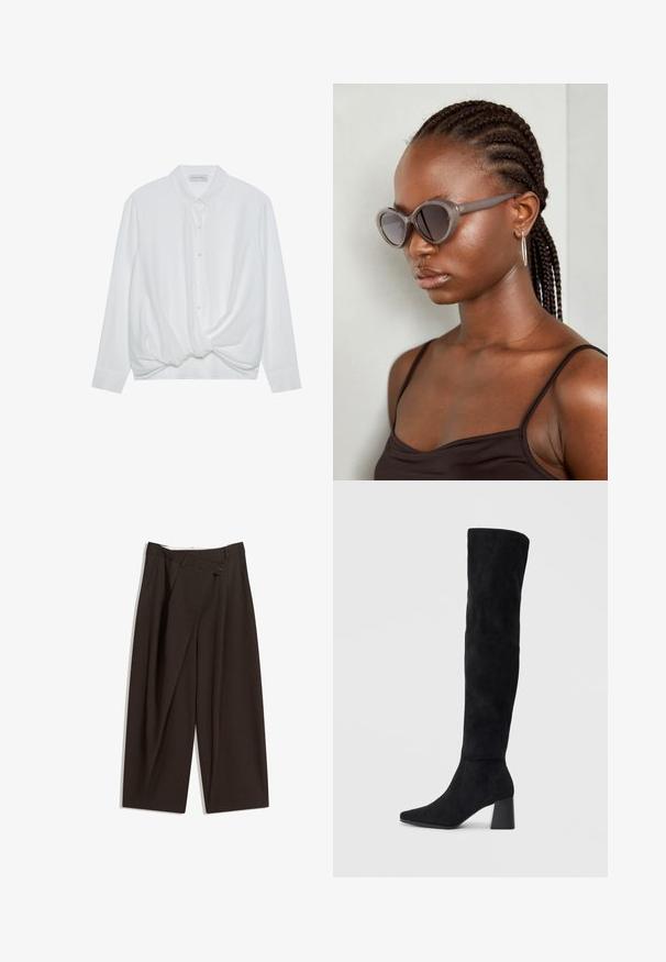 Witte lange mouwen blouse met een kraag, knopen aan de voorkant en een gedraaide knoopdetail aan de onderkant. Soepele stof met een relaxte pasvorm.; Donkere bruin wijde broek met een hoge taille, voorzien van een enkele knoopsluiting en een geplooide voorkant. Gemaakt van lichtgewicht stof.; Zwarte suède kniehoge laars met blokhak, spitse neus en een glad, naadloos ontwerp op een effen lichte achtergrond.; Grijze oversized zonnebril met een ronde vorm en donkere lenzen. Strakke kunststof montuur met een gladde afwerking. Model heeft gevlochten haar.; Bruine leren schoudertas met een gebogen vorm, gouden hardware en een gespaccent. Bevat een afneembare schouderriem.