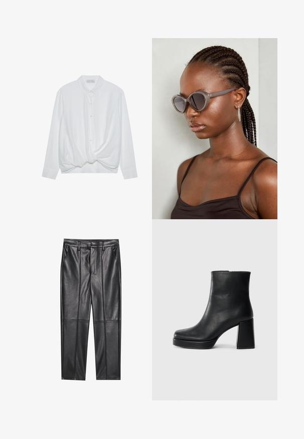 White long-sleeve shirt with a collar, button front, and twisted knot detail at the hem. Smooth fabric with a relaxed fit.; Black leather trousers with a smooth texture, featuring a straight fit, two front pockets, and visible seam detailing.; Black leather ankle boot with a block heel and platform sole, viewed from the side on a plain white background.; Gray oversized sunglasses with a rounded shape and dark lenses. Sleek plastic frame with a smooth finish. Model has braided hair.