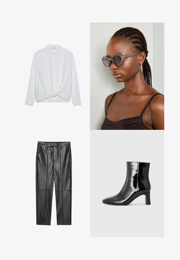 Hvit langermet skjorte med krage, knappelukking foran og vridd knutedetalj nederst. Glatt stoff med en avslappet passform.; Sorte lærbukser med en glat tekstur, der har en lige pasform, to forlommer og synlige sømdetaljer.; Sorte patentlær ankle boot med spiss tå og en mellomhøy blokkhelt. Glatt tekstur og minimalistisk design.; Grå, overdimensjonerte solbriller med rund form og mørke linser. Slank plastikkramme med glatt overflate. Modellen har flette.