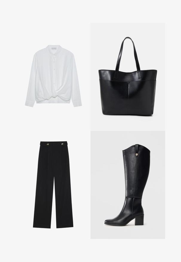 Bijela košulja dugih rukava s ovratnikom, kopčanjem sprijeda i zavojitim čvorom na rubu. Glatka tkanina s opuštenim krojem.; Crne hlače širokih nogavica s visokim strukom, s dugmadi na pojasu i prednjim nabora.; Crne kožne čizmice do koljena sa četvrtastim vrhom i blok petom. Imaju bočni šav i dekorativni metalni detalj na vrhu.; Crna kožna torba s dugim ručkama, glatkom teksturom i strukturiranim oblikom. Ima prednju džep za dodatno pohranu.