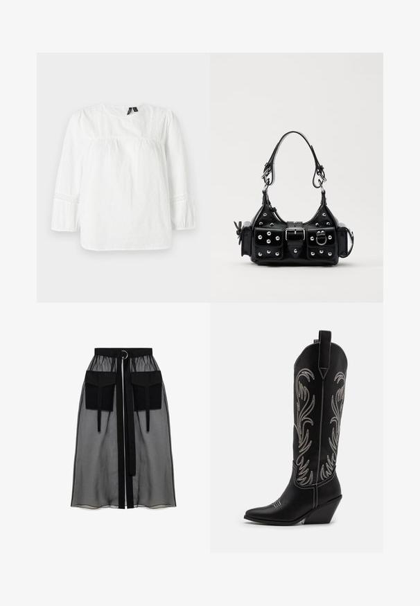 White long-sleeve blouse in textured cotton with puffed sleeves, lace accents along the shoulders and cuffs, and a round neckline.; Black sheer skirt with a gathered waistband, featuring two large front pockets, a waist tie, and a circular metal accent.; Black leather cowboy boots with pointed toes, wedge heels, and silver embroidered floral patterns along the shaft. Contrast stitching throughout.; Black leather handbag with a curved design, featuring silver studs, a buckle, and two side pockets. Adjustable strap for carrying options.
