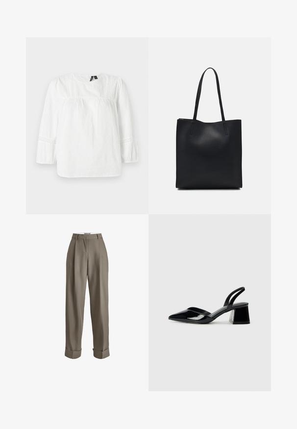 Blusa branca de manga longa em algodão texturizado, com mangas bufantes, detalhes em renda nos ombros e punhos, e um decote redondo.; Calças taupe de cintura alta, com ajuste largo, apresentando pregas, bainhas dobradas e uma textura de tecido suave. Sem fechos visíveis.; Sandy em verniz preto com salto slingback, ponta afilada e salto geométrico. Apresenta um design elegante e minimalista com textura suave.; Bolsa tote preta em couro com textura lisa, forma retangular e duas alças longas. Sem hardware ou enfeites visíveis.