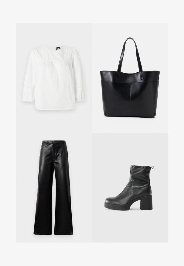White long-sleeve blouse in textured cotton with puffed sleeves, lace accents along the shoulders and cuffs, and a round neckline.; Black high-waist wide-leg faux leather pants with front button, zip closure, belt loops, and side pockets on white background.; Black ankle boots made of smooth leather, featuring a side zipper, chunky textured heel, and rounded toe design.; Black leather tote bag with two long handles, a smooth texture, and a structured shape. Features a front pocket for additional storage.