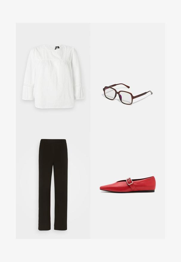 Blusa bianca a maniche lunghe in cotone testurizzato con maniche a sbuffo, dettagli in pizzo lungo le spalle e i polsini, e scollo rotondo.; Pantaloni neri a gamba dritta realizzati in tessuto intrecciato, con parte anteriore piatta, due tasche laterali e una superficie liscia. Nessun motivo o decorazione visibile.; Scarpa piatta in pelle rossa con punta affusolata, dotata di un cinturino laterale con fibbia in metallo e un tacco basso nero. Texture liscia su tutta la superficie.; Occhiali rettangolari marroni con lenti trasparenti e tonalità viola. Montatura in plastica liscia con stanghette dritte e accenti sottili.; Orecchini a cerchio in oro con una forma irregolare e texture. Presentano una chiusura senza giunture e una finitura superficiale lucida, che enfatizza un design moderno.