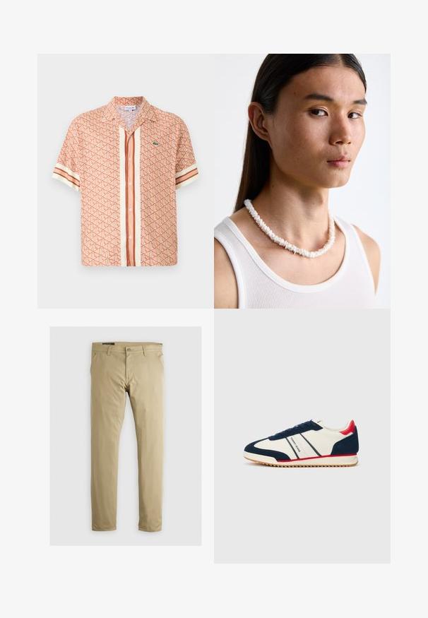 Īsām piedurkņu krekls korallkrāsā ar ģeometrisku rakstu, vertikālām svītrām un mazu logotipa akcentu uz krūtīm. Pogājams aizdare priekšā.; Bēgi chinos ar taisnām kājām, izgatavoti no viegla auduma. Iekļauj priekšējos kabatas, metāla pogu un gludu, vienmērīgu tekstūru.; Baltie tenisītes ar tumši zilu un sarkanu akcentu, teksturētu zoli, auklu dizainu un "Tommy Jeans" zīmolu sānos.; Balta čaulu kaklarota, kas sastāv no neregulārām formām, valkāta virs pieguļošas baltas topiņas. Gluda tekstūra ar smalku spīdumu, cieši piegulošs dizains.