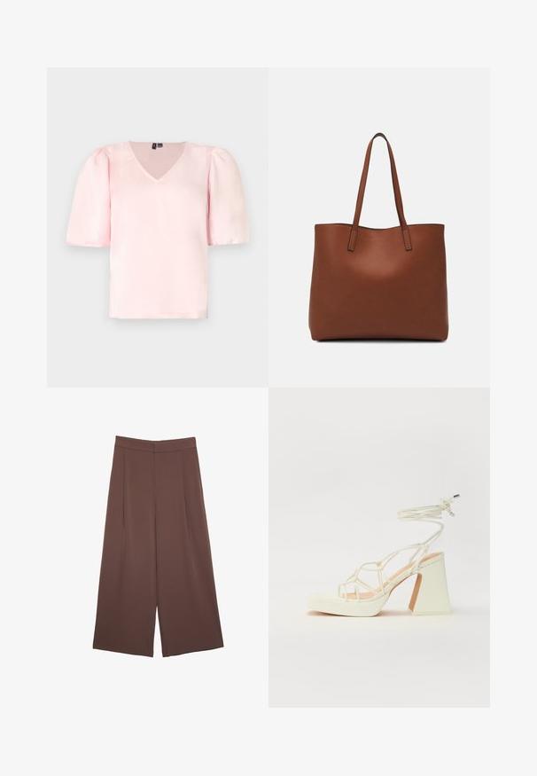 Ružová saténová blúzka s výstrihom do V, krátkymi nafúknutými rukávmi a uvoľneným strihom. Hladká textúra a jednoduchý dizajn bez viditeľných vzorov alebo akcentov.; Hnedé nohavice so širokými nohavicami a hladkou textúrou, s vysokým pásom a prednými skladmi. Tkanina je ľahká a voľne sa pohybuje.; Biele sandále na vysokom opätku s hrubým podpätkom, s pruhovaným dizajnom a viazaním na členku. Hladký povrch s platformou vpredu pre zvýšenú výšku.; Hnedá kožená taška na rameno s hladkou textúrou, otvoreným vrchom a dvoma ramenými popruhmi. Má minimálne šitia a žiadne viditeľné kovania.