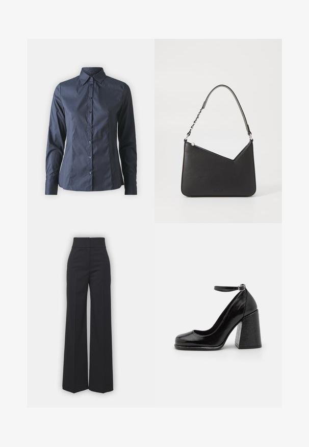 Navy blue long-sleeve shirt with button-up front, pointed collar, and a tailored fit. Made of smooth, lightweight fabric.; Wide-leg trousers in black fabric with a high waistband, featuring a clean finish and smooth texture. No visible hardware or patterns.; HUGO KIORA - High heels - black; Black leather handbag with a triangular shape, a slim strap, and silver hardware. Features a zip closure and embossed logo on the front.