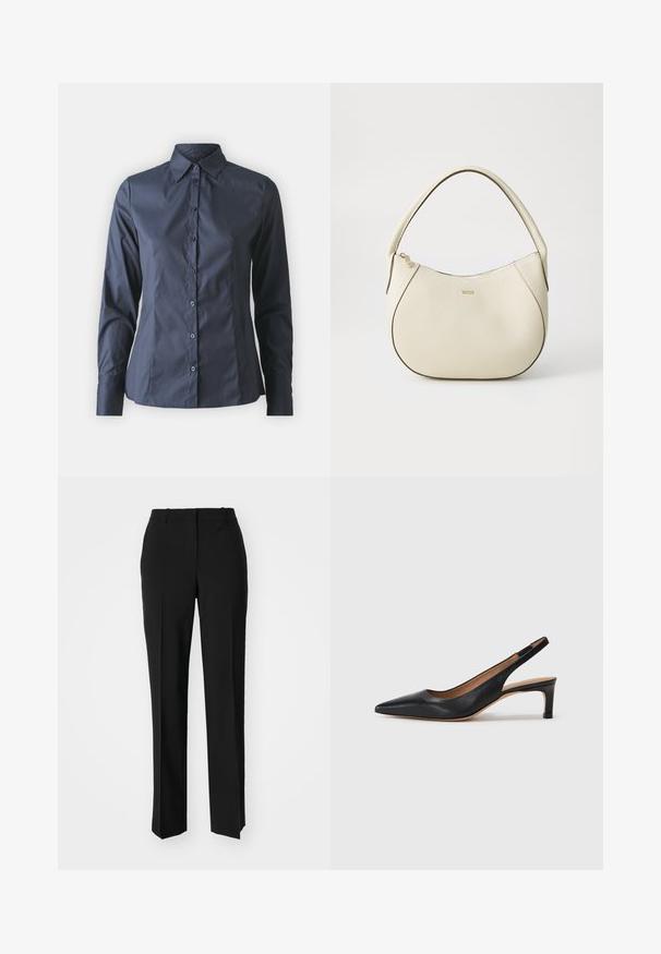 Tamsiai mėlynas ilgomis rankovėmis marškinys su sagomis priekyje, smailiu apykaklės dizainu ir pritaikytu siluetu. Pagamintas iš lygaus, lengvo audinio.; Juodi pritaikyti kelnių modeliai su tiesiomis kojomis, pasižyminčios lygiomis tekstūromis ir ryškiomis klostėmis priekyje. Nėra matomų detalių.; Juodas odinis šliuurkastukas su smailiu pirštu, žemu kulnu ir glotnia tekstūra. Turi ploną reguliuojamą dirželį patogiam prigludimui.; Grietos spalvos rankinė su tekstūruotu paviršiumi, kreivos formos, trumpa rankena ir auksinės spalvos logotipo detalė. Užtrauktuko uždarymas viršuje.