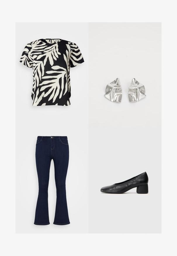 Melnbalts īsām rokām topiņš ar lapu rakstu, ar apaļu dekoltē un nedaudz brīvu piegriezumu. Gluda auduma tekstūra.; Tumši zilas augsto jostasvietu denima bikses ar pieguļošu augšdaļu un vieglu izplūšanu apakšā, ar priekšējām kabatām un pogu aizdari.; Melna ādas kurpe ar noapaļotu purngalu un vidēja izmēra blokkāju. Gluda tekstūra ar minimāliem dekoriem, ar delikātu elastīgu atveri.; Sudraba metāla auskari ar viļņainu, skulpturālu dizainu, kas izceļas ar pulētu apdari un neregulārām formām, uzsverot mūsdienīgu estētiku.