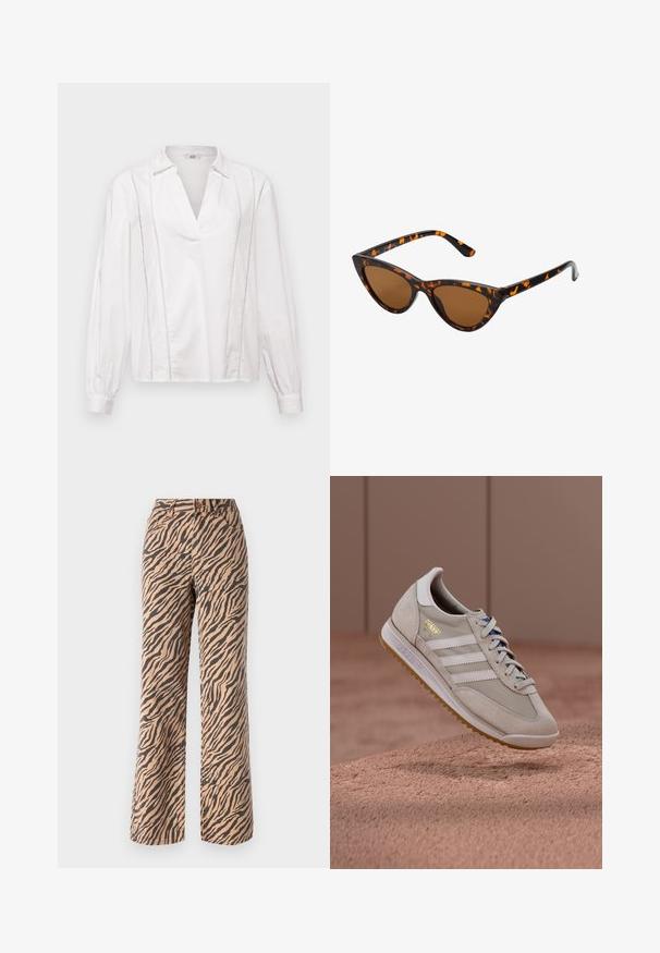 Fehér, hosszú ujjú blúz V-kivágással, függőleges varrás részletezéssel és redőzött mandzsettákkal. Simított, könnyű anyagból készült.; Széles lábú nadrág tigriscsíkos mintával, barna és fekete árnyalatokban, normál derékkal és öt zsebes kivitelben.; Bézs színű sportcipő, nubukbőr és hálós felsőrész, fehér három csíkkal, gumitalp, kék fűzőkkel és arany színű logóvel. Klasszikus retro dizájn.; Cica szemüveg fekete és narancssárga teknőc pánttal, barna lencsékkel és sima, hegyes végekkel. A templomán egy minimalista logó található.