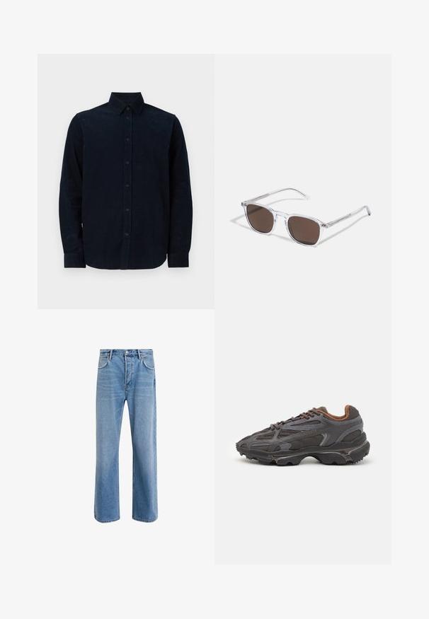 Marineblå langærmet skjorte lavet af struktureret stof, med knaplukning foran, spidse kraver og knaplukninger ved manchetterne.; Lyseblå denim jeans med lige ben-design, fem lommer, knaplukning, minimal falming og kontraststingdetaljer.; Lacoste sneakers i mørkegrå med mesh og syntetisk materiale, udstyret med en tekstureret sål og brune accenter på kraven og brandingen.; Klare plastik solbriller med rektangulære brune linser, med tynde, transparente stænger og metal accenter på templerne.