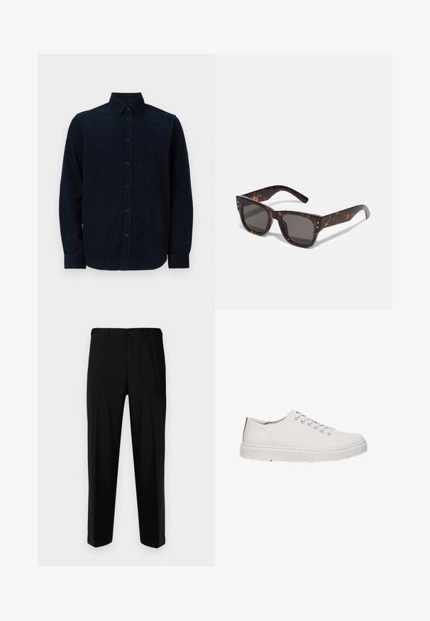 Marineblaues Langarmshirt aus strukturiertem Stoff, mit durchgehender Knopfleiste, spitzem Kragen und Knopfmanschetten.; Schwarze Hosen aus glattem Stoff, mit geradem Schnitt, zwei vorderen Taschen und einem Reißverschluss mit Knopfverschluss.; Weiße Leinenschuhe mit runder Spitze, sechs Ösen und strukturiertem Gummisohlen. Einfaches Design ohne sichtbare Muster oder Akzente.; Sonnenbrille aus Schildpatt mit dunklen Gläsern, quadratischem Rahmen und silbernen Akzentnieten auf der Vorderseite. Aus Kunststoff, leicht und langlebig.