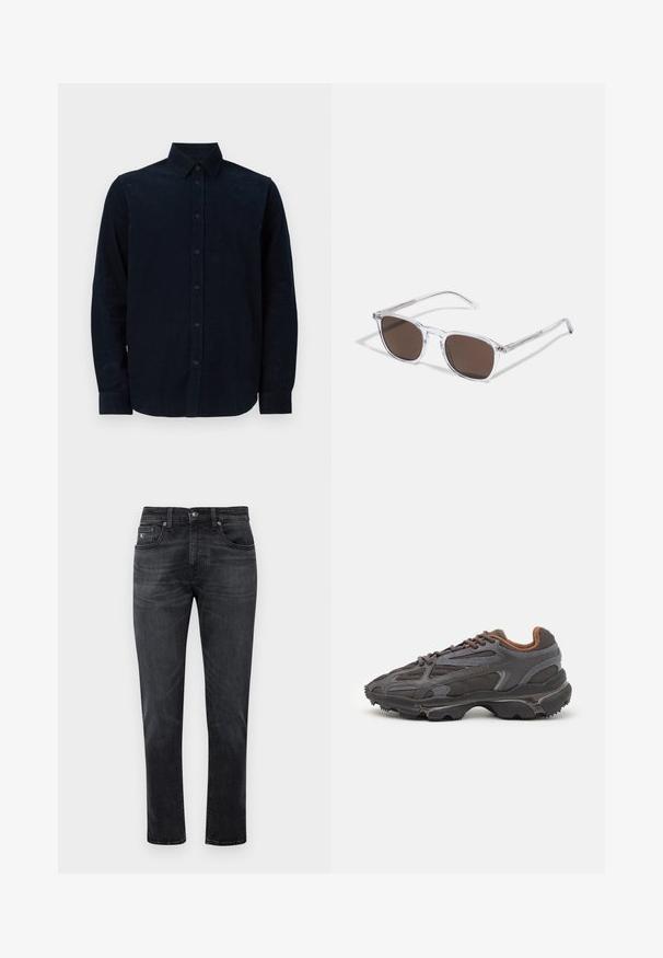 Navy blue long-sleeve shirt made of textured fabric, featuring a buttoned front, pointed collar, and buttoned cuffs.; Black denim jeans with a straight-leg cut, featuring five-pocket design and a zip fly. Subtle fade and stitching details on pockets.; Lacoste sneakers in dark gray with mesh and synthetic material, featuring a textured sole and brown accents on the collar and branding.; Clear plastic sunglasses with rectangular brown lenses, featuring thin, transparent arms and metal accents on the temples.