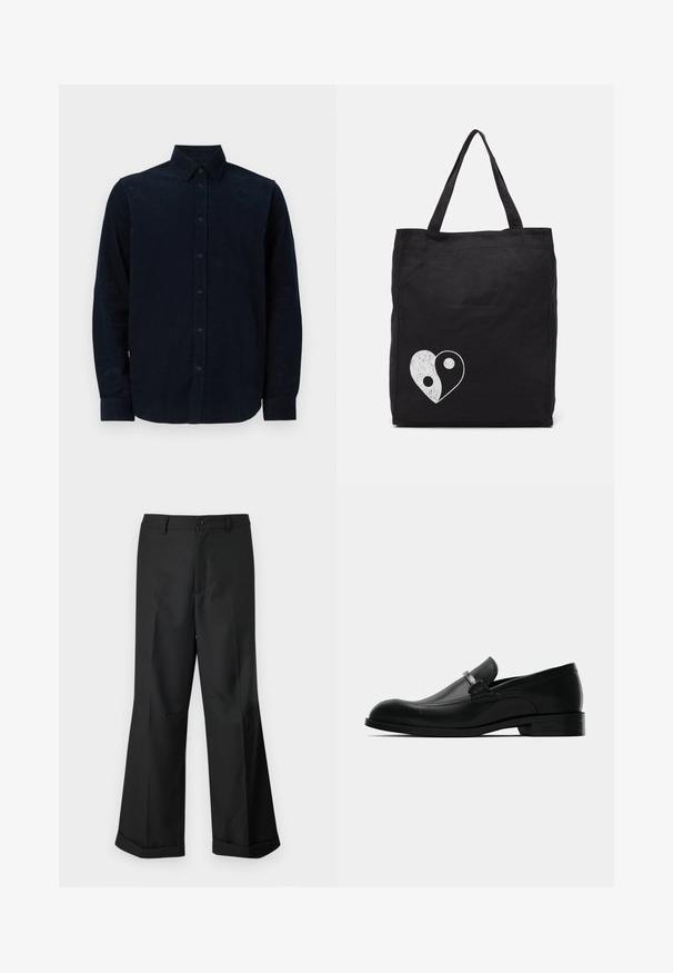 Navy blue long-sleeve shirt made of textured fabric, featuring a buttoned front, pointed collar, and buttoned cuffs.; Black wide-leg trousers with buttoned waistband and cuffed hems, displayed against a plain white background.; Black leather men's loafer with a metal buckle detail, low heel, and branded sole, shown from the side on a white background.; Black tote bag made of canvas, featuring a white yin-yang heart graphic. Two sturdy handles for easy carrying. Simple rectangular design.