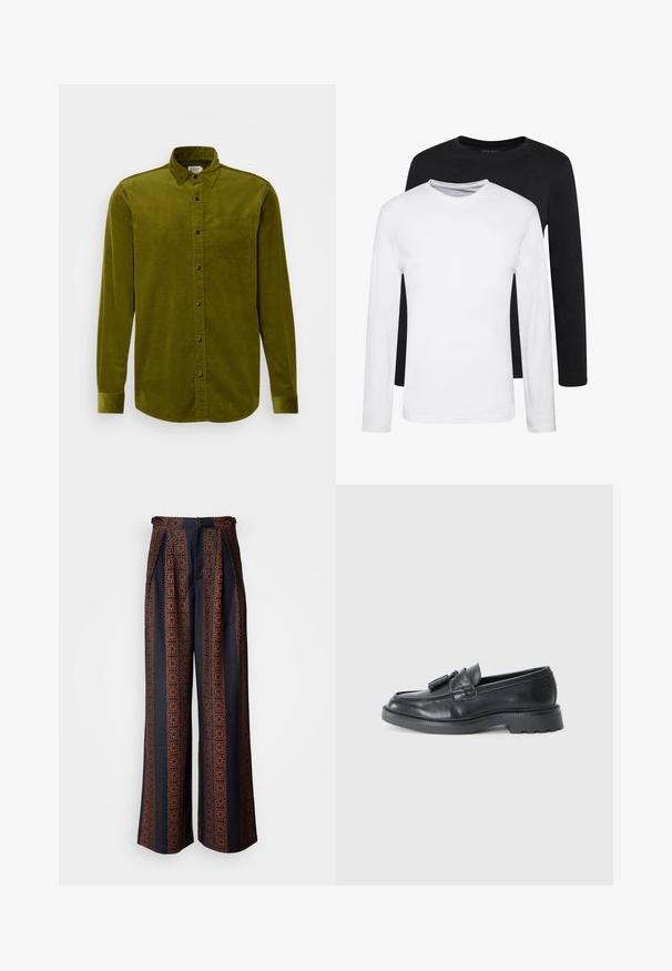 Žalias kordūro stilius marškiniai ilgomis rankovėmis, su mygtukų užsegimu ir viena krūtinės kišenė. Turi vertikalią raukšlių tekstūrą ir juodus mygtukus.; Du švarkai su ilgomis rankovėmis, vienas juodas ir vienas baltas, pagaminti iš medvilnės, su apvaliais iškirpimais ir lygiu paviršiumi, išdėstyti sluoksniuotai.; Plati kelnės tamsiai mėlynos spalvos audinyje su sudėtingu oranžiniu geometriniu raštu, su surinktu priekiu ir prigludusia juosmens linija.; Juodi odiniai loafersai su apvaliu nose, juostele su kutais ir storesniu padu su raštu. Lygus paviršius ir klasikinis dizainas.