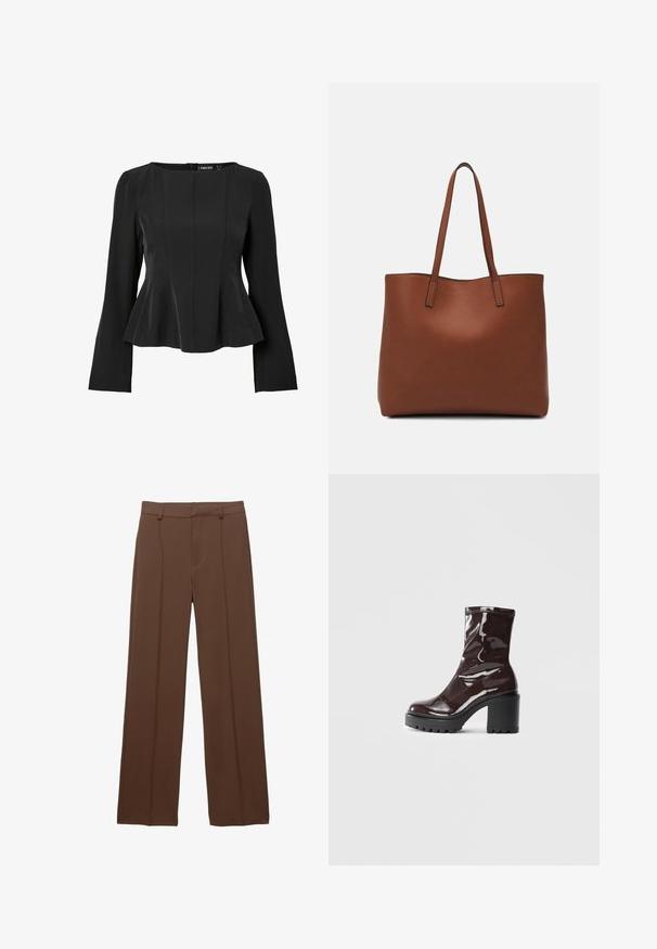 Zwarte peplumtop gemaakt van een gestructureerde stof. Kenmerkt zich door een vierkante halslijn en lange mouwen met naden langs het lichaam voor een getailleerde pasvorm.; Bruine, brede broek met wijduitlopende pijpen, gemaakt van een zachte stof; heeft gevoerde plooien aan de voorkant en een vlakke tailleband met riemlussen.; Glanzende bordeauxrode enkelboot met een chunky zwarte hak, met een gladde textuur en een eenvoudig ontwerp. Geen zichtbare sluitingen of patronen.; Bruine leren tote bag met een gladde textuur, een ontwerp met een open bovenkant en twee schouderbanden. Kenmerkt zich door minimale stiksels en geen zichtbare hardware.