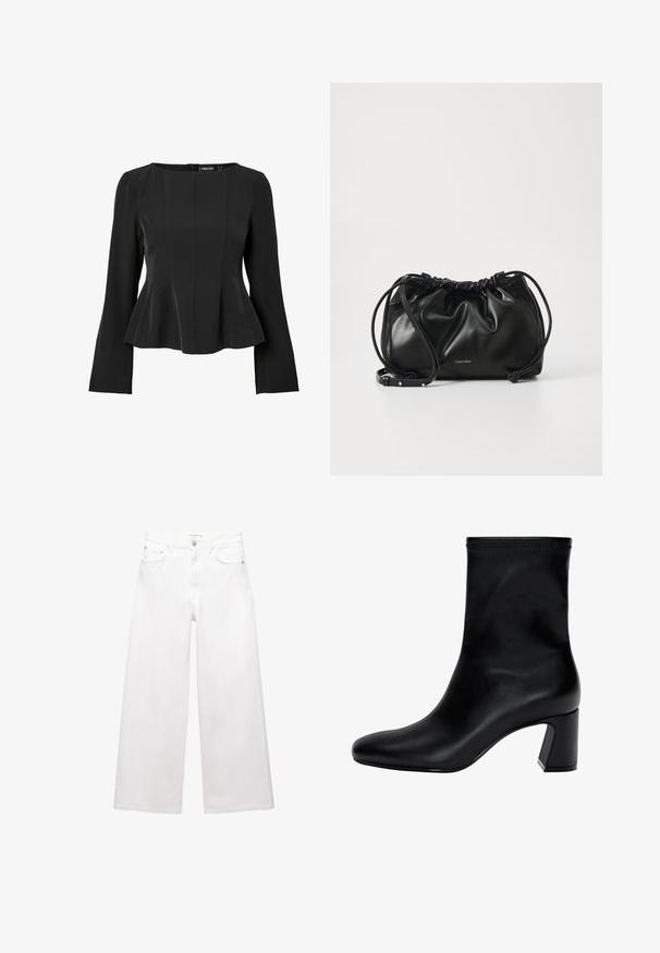 Mustapintainen peplum-toppi, joka on valmistettu teksturoidusta kankaasta. Siinä on neliömäinen kaula-aukko ja pitkät hihat, joissa on saumat vartalon myötäiseksi sovituksi.; Valkoiset leveälahkeiset farkut, jotka on valmistettu puuvillasta, sisältävät korkeavyötärön, viisi taskua ja messinkiset yksityiskohdat. Sujuva, ei kulutettu pinta.; Musta nilkkuri, joka on valmistettu sileästä nahasta. Varustettu neliömäisellä kärjellä, joustavalla yläpäällä ja paksulla korolla vakauden vuoksi. Minimalistinen muotoilu.; Musta nahkainen käsilaukku, jossa on kerroksellinen muotoilu, kaksinkertainen nauhakiinnitys ja irrotettava olkahihna. Sisältää metallisen logo-yksityiskohdan.
