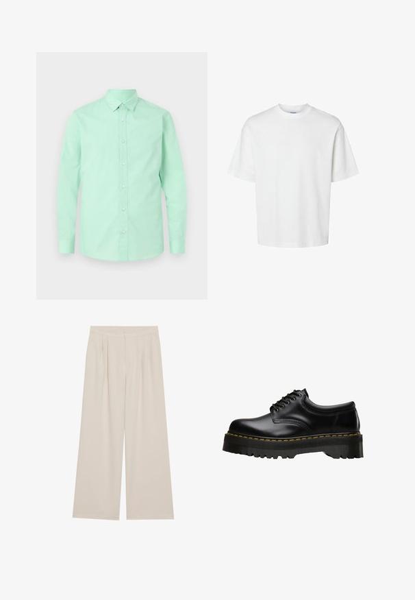 Mint green button-up shirt with long sleeves, collar, and front button closure. Smooth texture, solid color with no visible patterns or accents.; White cotton t-shirt with short sleeves, crew neckline, and a relaxed fit. Smooth texture with no visible patterns or accents.; Beige wide-leg trousers with a flat front, pleats, and an elastic waistband. Made from a lightweight fabric with a smooth texture.; Black leather lace-up shoe with a thick, serrated black rubber sole and yellow stitching along the edge, featuring a smooth finish.
