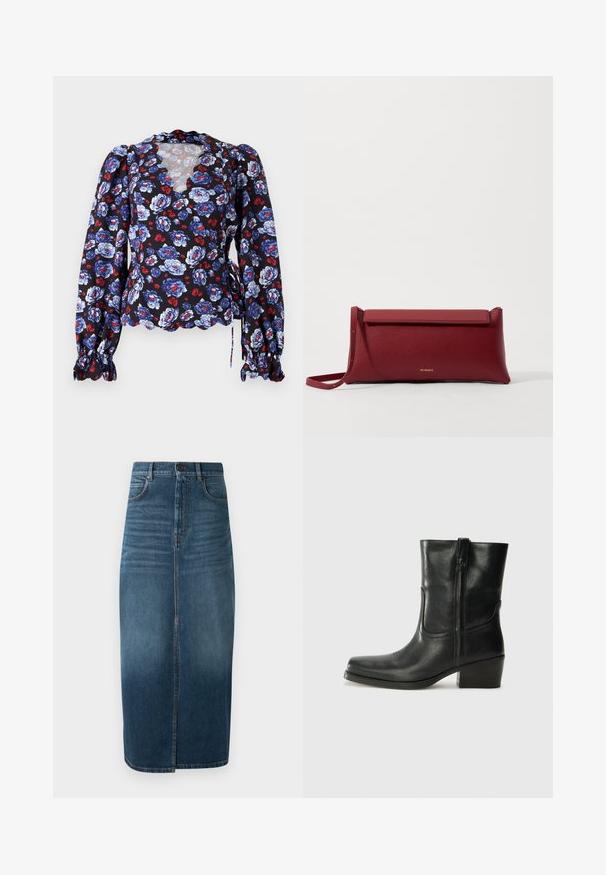 Czarna bluzka w kwiaty z niebieskimi i czerwonymi kwiatami, koronkowy dekolt, długie bufiaste rękawy oraz wiązania w talii. Lekki materiał.; Denimowa spódnica midi w ciemnym indygo, z przodu rozcięcie i drobnym wypłowieniem. Klasyczny design z pięcioma kieszeniami oraz metalowym zapięciem.; Czarne skórzane botki za kostkę z okrągłym noskiem, słupkowym obcasem, bocznym zamkiem i przeszyciami na cholewce. Gładka tekstura, klasyczny design.; Czerwona skórzana kopertówka o teksturowanym wykończeniu, z płaskim złożonym wierzchem i krótkim paskiem. Subtelne logo marki z przodu.