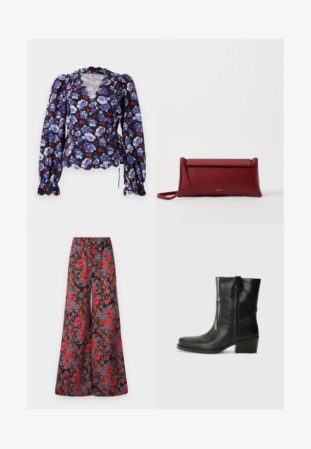 Czarna bluzka w kwiaty z niebieskimi i czerwonymi kwiatami, koronkowy dekolt, długie bufiaste rękawy oraz wiązania w talii. Lekki materiał.; Spodnie o szerokich nogawkach wykonane z czarnego materiału ozdobionego żywym kwiatowym wzorem w czerwieni i niebieskim, z elastycznym paskiem w talii dla komfortu.; Czarne skórzane botki za kostkę z okrągłym noskiem, słupkowym obcasem, bocznym zamkiem i przeszyciami na cholewce. Gładka tekstura, klasyczny design.; Czerwona skórzana kopertówka o teksturowanym wykończeniu, z płaskim złożonym wierzchem i krótkim paskiem. Subtelne logo marki z przodu.