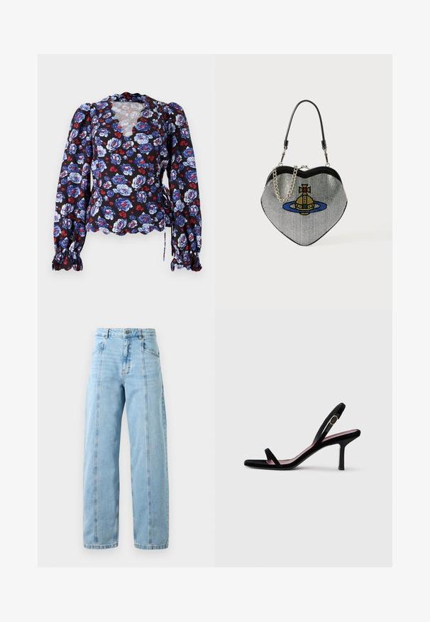 Čierna kvetinová blúzka s modrými a červenými kvetmi, so zúbkovaným výstrihom, dlhými puff rukávmi a s viazacími akcentmi v páse. Ľahký materiál.; Svetlomodré džíny s vysokým pásom, rovného strihu, s prednými švami, bočnými vreckami, pútkami na opasok a kovovým zapínaním.; Čierne semišové dámske sandále na vysokom opätku s tenkými popruhmi a zlatou prackou na bielom pozadí, bočný pohľad.; Taška v tvare srdca vyrobená z mriežkového materiálu s kovovým vzhľadom, so vzorom mačky a planéty v modrej, žltej a červenej farbe. Obsahuje reťazový popruh.