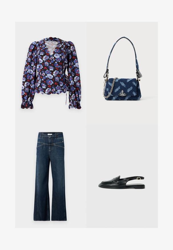 Schwarze Bluse mit floralen Mustern in Blau und Rot, gewelltem Ausschnitt, langen Puffärmeln und Bindebändern in der Taille. Leichter Stoff.; Weite Jeans aus dunkelblauem Denim mit hohem Bund, zwei Vorderaschen und kontrastierenden Nähten.; Schwarze Leder Slingback-Schuhe mit runder Spitze, flacher Sohle, seitlichem Ausschnitt und einem Riemen mit goldfarbener Hardware-Applikation.; Navyblaues Stoffhandtasche mit strukturiertem Design, silbernen Beschlägen und abnehmbarem Kettenträger. Besitzt einen Klappenverschluss und ein Logo-Detail.