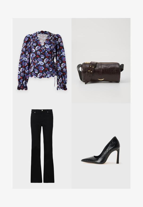Čierna kvetinová blúzka s modrými a červenými kvetmi, so zúbkovaným výstrihom, dlhými puff rukávmi a s viazacími akcentmi v páse. Ľahký materiál.; Čierne rozšírené džínsy vyrobené z denimu, s dvoma prednými vreckami, zapínaním na gombík a hladkým povrchom. Viditeľné podpisové šitie na švoch.; Čierna lodička s špicatou špičkou a lakovanou textúrou krokodíla, s elegantným dizajnom, vysokým stiletto podpätkom a hladkým čiernym interiérom.; Hnedá taška z kože s embosovaným vzorom krokodíla, cylindrického tvaru, so zlatými hardvérovými doplnkami a odnímateľným popruhom so štítkami.