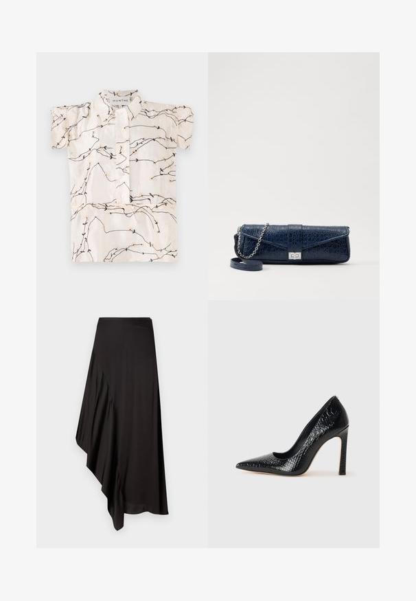 Short-sleeved blouse in cream fabric featuring black and beige floral embroidery with a button-up front and a classic collar.; AERON ASTER SKIRT - Pencil skirt - black; Black pointed-toe high heel shoe with a crocodile-skin texture, featuring a sleek design, high stiletto heel, and smooth black interior.; Navy blue leather clutch with a crocodile texture, silver chain strap, and metallic clasp. Rectangular shape with foldover design.