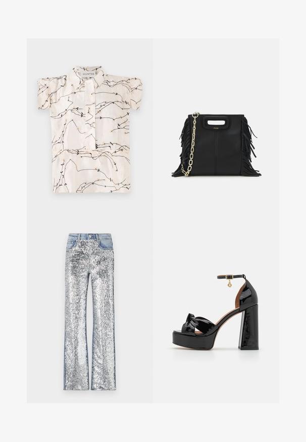 Bluzka krótko rękawowa w kremowym kolorze z czarnym i beżowym haftem kwiatowym, z zapięciem na guziki i klasycznym kołnierzykiem.; Srebrne dżinsy z cekinami w stylu dzwonów, z denimsowym pasem i bokami, tworzące teksturowaną, refleksyjną powierzchnię.; Maje - Sandały na obcasie; Czarna skórzana torebka na ramię z frędzlami, złotym łańcuszkiem oraz wyciętym uchwytem. Posiada umieszczone na przodzie logo.