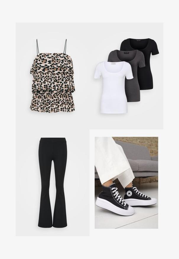 Top med leopardprint og lagdelte flæser, lavet af letvægtsstof. Har tynde sorte skulderstropper og en struktureret overflade.; Tre tætsiddende T-shirts i hvid, grå og sort. Hver af dem har en bred scoop-udskæring og korte ærmer. Fremstillet af glat, strækbart stof.; Sorte flagrende bukser lavet af strækbart stof, med en høj talje og en glat tekstur. Bukserne flared fra knæet.; Sorte høj-top sneakers i lærred med hvide gummisåler og snørebånd. Har et rundt logo på siden og kontrasterende hvide syninger.