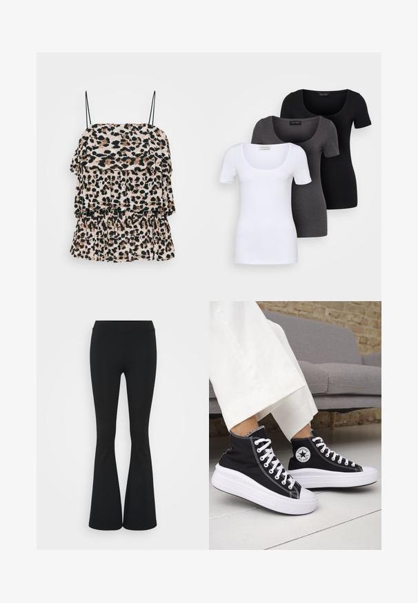 Yksinkertainen leopardi-kuosisella topilla, jossa on kerroksittain rypytyksiä, valmistettu kevyestä kankaasta. Siinä on ohuet mustat olkaimet ja teksturoitu pinta.; Kolme istuvaa T-paitaa valkoisena, harmaana ja mustana. Jokaisessa on leveä avara pääntie ja lyhyet hihat. Valmistettu sileästä ja joustavasta kankaasta.; Mustat leveät housut, jotka on valmistettu joustavasta kankaasta, ja joissa on korkea vyötärö sekä sileä pinta. Housut levenevät polven kohdalla.; Mustat korkeavartiset tennarit, joissa valkoiset kumipohjat ja nauhat. Koristettu pyöreällä logotarralla ja valkoisilla kontrastisaumoilla. Materiaali on canvas.
