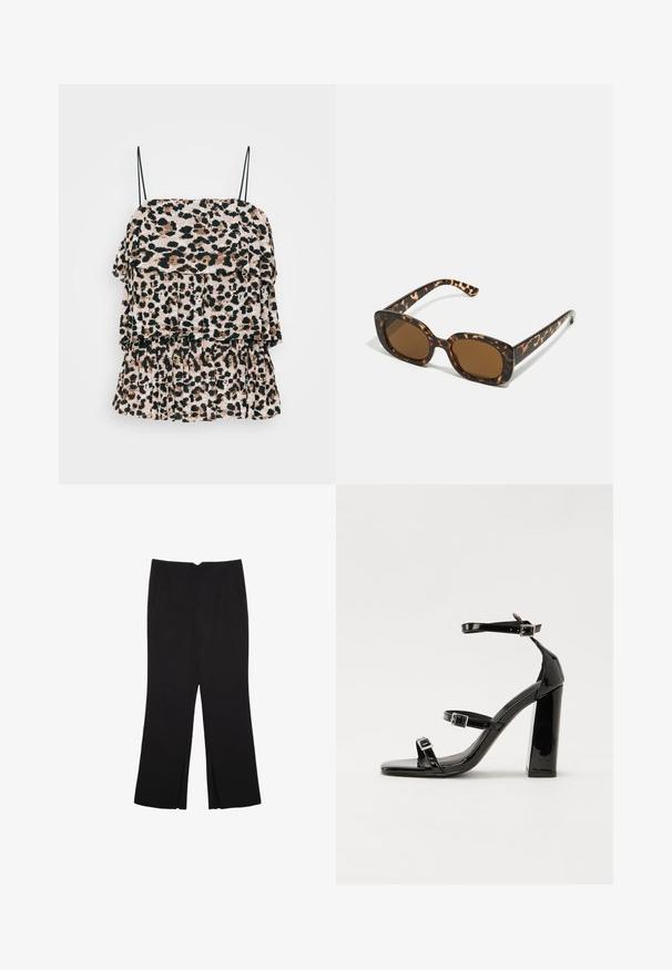Top s leopardím vzorom s vrstvenými volánmi, vyrobený z ľahkého materiálu. Obsahuje tenké čierne ramienka a textúrovaný povrch.; Čierne nohavice so strihom rovného strihu, s prednými vreckami a bočnými rozparkami na leme. Vyrobené z mäkkej, hladkej tkaniny. Vhodné na rôzne príležitosti.; Čierne lakované sandále na podpätku so štvorcovou špičkou, navlečenými remienkami okolo členku a striebornými prackami. Disponujú masívnym blokovým podpätkom pre stabilitu.; Slnečné okuliare v tortoiseshell štýle s okrúhlym, robustným rámom a hnedými šošovkami. Má jemné vzory a rovné, zoštíhlené ramená.; Hnedá kožená kabelka cez telo s zakriveným tvarom, zlatými kovovými doplnkami a akcentom s prackou. Obsahuje odnímateľný ramenný popruh.