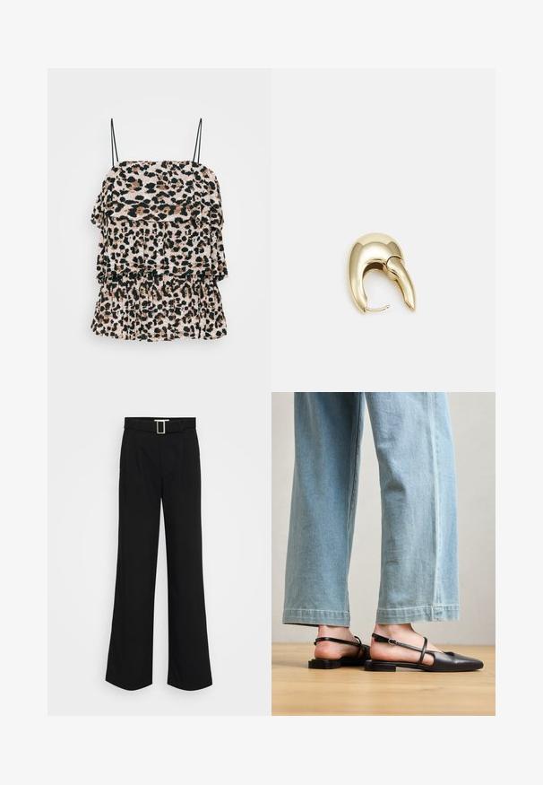 Leopard print top with layered ruffles, made from lightweight fabric. Features thin black shoulder straps and a textured surface.; Black wide-leg trousers made of lightweight fabric, featuring a smooth texture, front pleats, and a belt with a square metal buckle.; Black leather slingback shoes with a pointed toe, flat heel, and ankle strap; worn with light blue wide-leg jeans.; Gold-tone metal earring with a sleek, curved design. Features a distinctive pointed shape, polished surface, and hinge closure.
