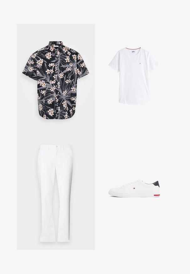 Trumpas rankovėmis, juodas marškinėlis mygtuku, pasižymintis gėlių raštu, kuriame balti ir oranžiniai gėlės bei pilki lapai ant tekstūruoto audinio.; Balta medvilninė marškinėliai su apykakle, trumpomis rankovėmis ir nedideliu siuvinėtu logotipu kairiajame krūtinės pusėje. Yra kontrastingos spalvos apdaila apykaklėje.; Balti medvilniniai kelnių su tiesiu pjūviu, priekinėmis kišenėmis, vieno mygtuko uždarymu ir lygiu paviršiumi.; Balti žemi kedai, pagaminti iš lygios odos. Yra tamsiai mėlynas kulno užsegimas ir raudona detalė ant pado. Šešios skylutės raišteliams.