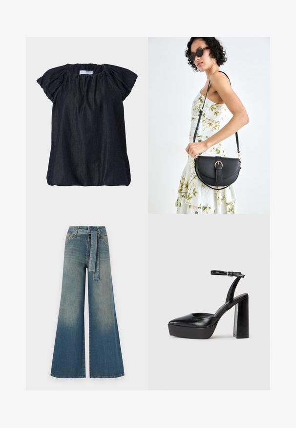 Mørkeblå, kortermet bluse med rynket stoff ved halsen og myke, samlede ermer. Laget av lett, strukturert materiale.; Bredde ben jeans med en lyseblå til mørkeblå gradient, høyt liv, beltehemper og et matchende belte i samme stoff. Teksturert denimoverflate.; Sorte plattformhelter med spiss tå og justerbar ankelrem. Laget av glatt lær, med en robust blokkhel.; Svart lærveske med en buet form, avtagbar stropp og gullbeslag. Vesken har et klaff med spenne-detall.