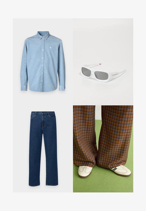 Carhartt WIP MADISON SHIRT - Krekls - dusty ice/wax; Tumši zilas taisnas kājas denim bikses ar priekšējām kabatām un pogu aizdari, izvietotas uz vienkārša baltā fona.; Brūni un zili rūtaini platās kājas bikses, kas savienotas ar baltām kurpēm ar melniem akcentiem un teksturētām zolēm, uz zaļa fona.; Baltas taisnstūris Oakley saulesbrilles ar tumšiem stikliem, novietotas uz balta virsmas, ar redzamu logotipu sānos.