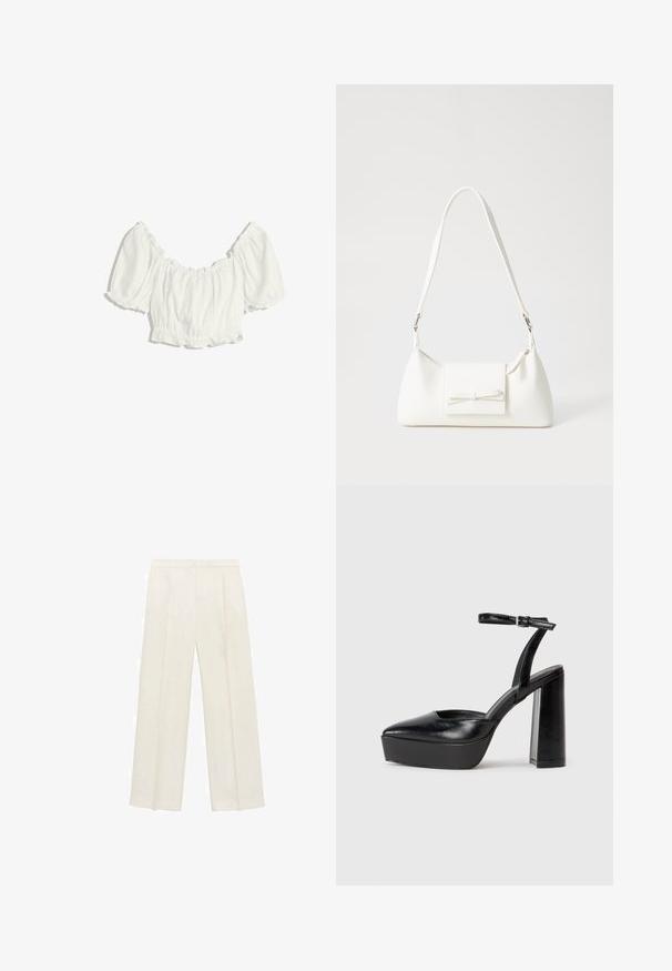 Bluză albă scurtă, cu mâneci scurte și umflate, guler elastic cu volane, talie și manșete elasticizate.; Pantaloni cu picioare largi, de culoare crem deschis. Realizați dintr-un material neted, cu plisuri în față și buzunare laterale.; Pantofi cu toc platformă negri, cu vârful ascuțit și curea reglabilă la gleznă. Confecționați din piele netedă, având un toc gros.; Geantă sintetică albă, cu formă triangulară, capac frontal plat și detaliu cu fundă, curea ajustabilă, textură netedă și design minimalist.