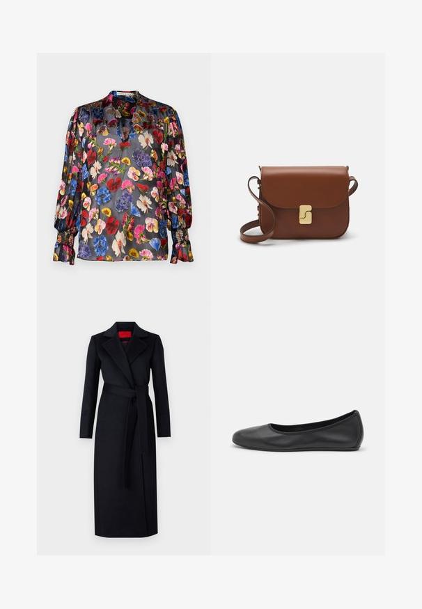 Sort gennemsigtig blouse med livligt blomsterdesign i rød, pink, blå og gul. Har sammensnørede ærmer og en subtil krave detalje.; Sort trenchcoat med lange ærmer, omslag design og matchende bælte. Lavet af glat stof, har en spids krave og sidelommer.; Sort læderballetsko med rund tå, glat tekstur, minimal syning og et fleksibelt såldesign.; Brun læder håndtaske med flaplukning, hardware i gyldent tone, en skulderrem og en glat overflade. Kompakt rektangulær form.