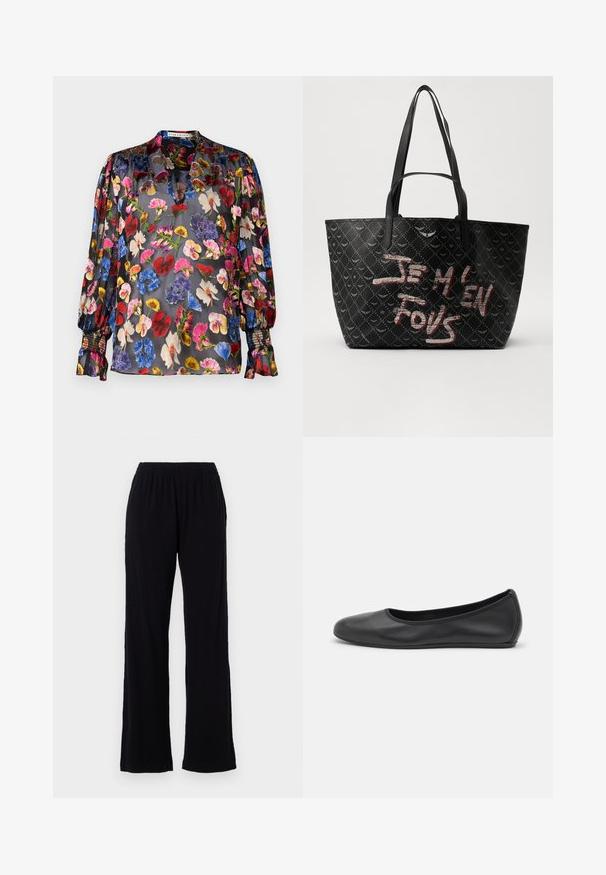 Melnā caurspīdīgā blūze ar spilgtu ziedu rakstu sarkanā, rozā, zilā un dzeltenā krāsā. Iezīmē pietiekami gruzdētas piedurknes un nelielu apkakles detaļu.; Melni, viegli, elastīgi bikses ar taisnu kāju dizainu. Mīksta tekstūra bez redzamām rakstiem vai akcentiem. Vienkāršs un daudzpusīgs stils.; Melna ādas baleta kurpe ar noapaļotu purngalu, gludu tekstūru, minimālu šuvju detalizāciju un elastīgu zoles dizainu.; Melna somiņa ar strukturālu materiālu, kas rotāta ar dimanta rakstu, plecu siksnām un drosmīgu sarkanu un baltu tekstu "JE M'EN FOUS."